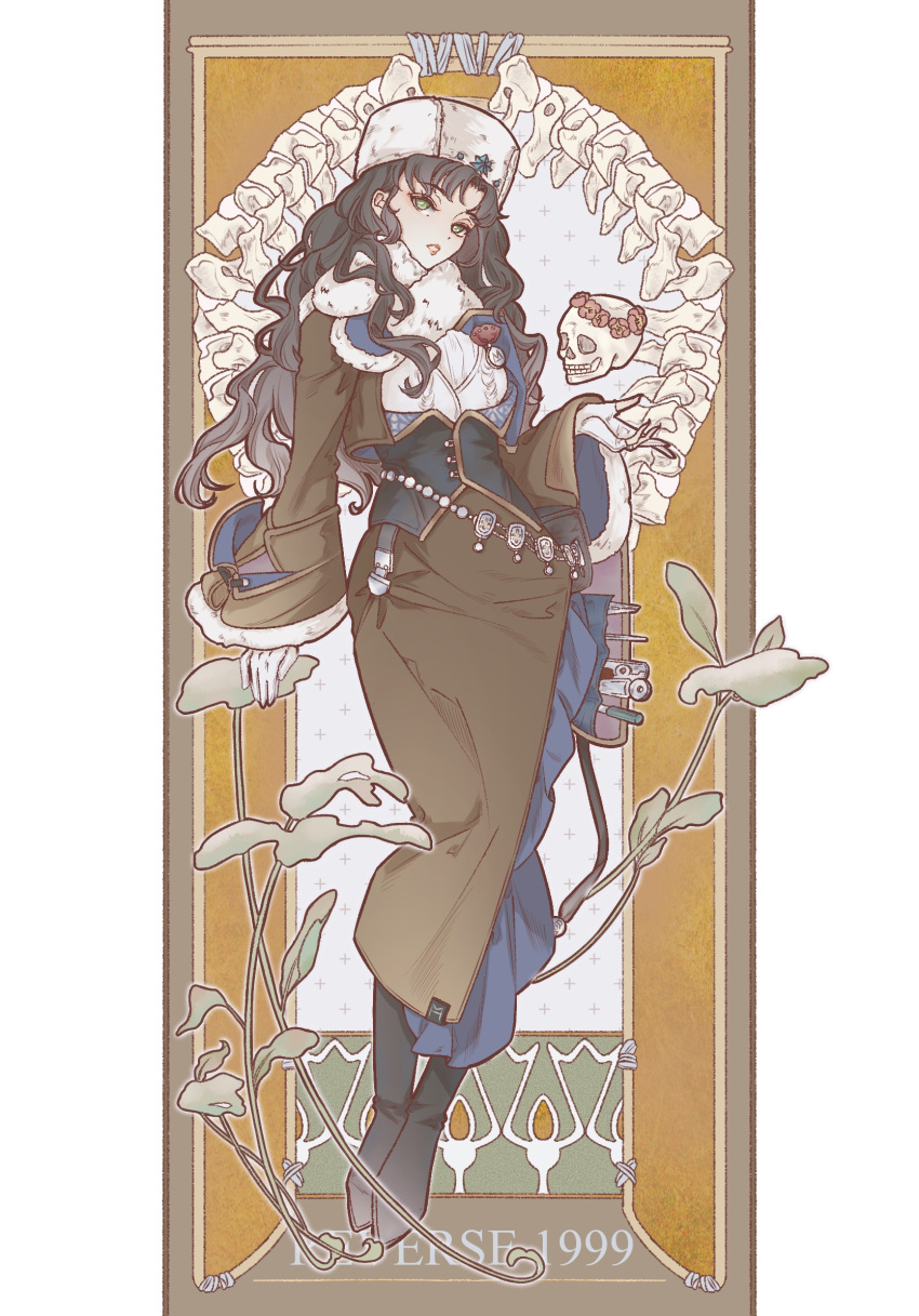 1girl, art_nouveau, badge, black_boots, black_hair, boots, border, brown_background, brown_border, brown_jacket, brown_skirt, copyright_name, curly_hair, fingerless_gloves, full_body, fur_hat, fur_scarf, gloves, green_eyes, hand_up, hat, high-waist_skirt, highres, jacket, long_hair, long_skirt, looking_at_viewer, moldir_(reverse:1999), open_clothes, open_jacket, open_mouth, papakha, pencil_skirt, plant, reverse:1999, scarf, skirt, skull, solo, standing, sweater, white_gloves, white_hat, white_scarf, white_sweater, ya_(witchroy)