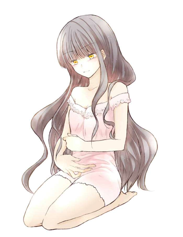 1girl, ansatsu_kyoushitsu, bare_shoulders, black_hair, collarbone, dress, kayano_kaede, kneeling