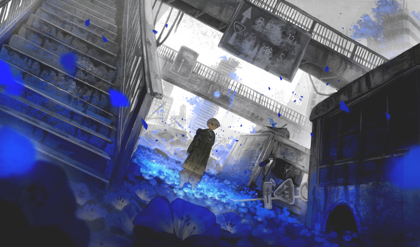 1boy, abandoned, absurdres, blue_flower, blue_theme, bridge, bright_pupils, broken_glass