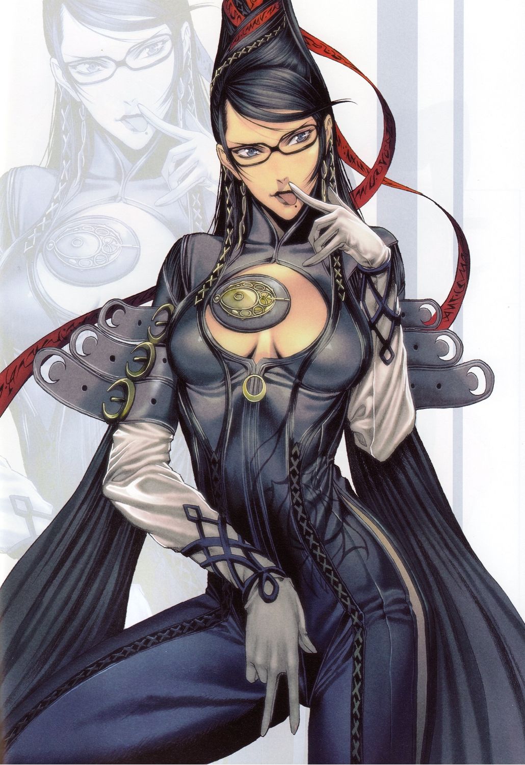 bayonetta_(character), blue_eyes, cleavage_cutout, duplicate, earrings, glasses, gloves, highres