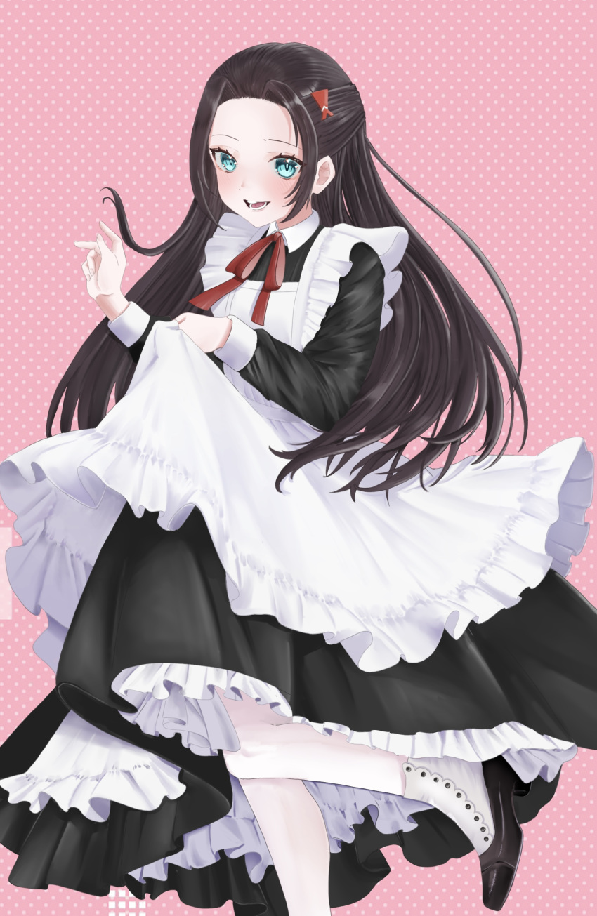 absurdres, alternate_costume, apron, bangs_pinned_back, brown_hair, dress, enmaided, fish_hair_ornament