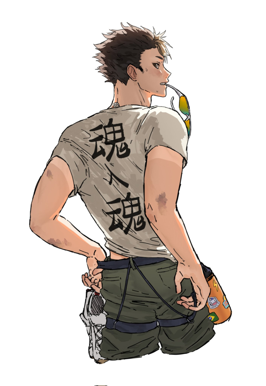 1boy, back, black_hair, bottle, brazilian_flag, clothes_writing, cropped_legs, dirty