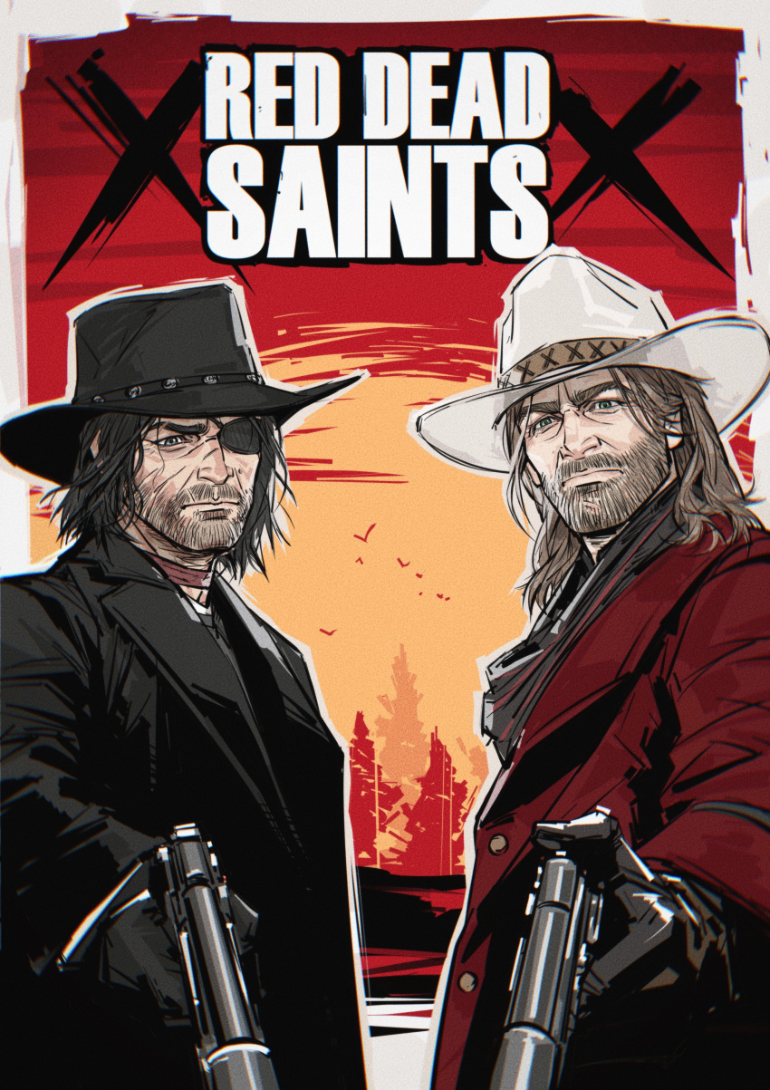 2boys, absurdres, arthur_morgan, beard, black_coat, black_gloves, black_hat, boondock_saints, border, closed_mouth, coat, copyright_name, cowboy_hat, eyepatch, facial_hair, full_beard, gloves, gun, handgun, hat, highres, holding, holding_gun, holding_weapon, john_marston, looking_at_viewer, male_focus, multiple_boys, nyeigneous, red_coat, red_dead_redemption_(series), red_dead_redemption_2, weapon, white_border, white_hat