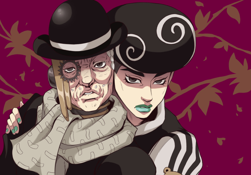 1boy, 1other, afro, akefu_satoru, aqua_lips, aqua_nails, black_hair, black_hat