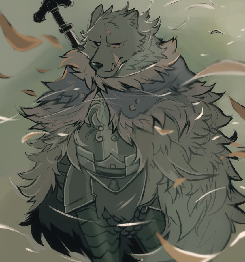 1boy, animal_ears, armor, black_fur, blaidd_the_half-wolf, cape, closed_mouth, dog_nose