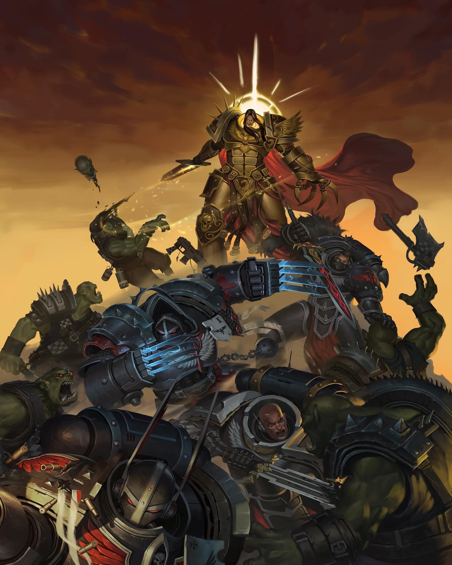 6+boys, adeptus_astartes, aquila_(symbol), armor, armored_boots, axe, bald, ball_and_chain_(weapon)