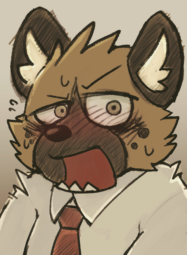 1boy, aggressive_retsuko, animal_ear_fluff, blush, brown_fur, commentary, english_commentary, flying_sweatdrops