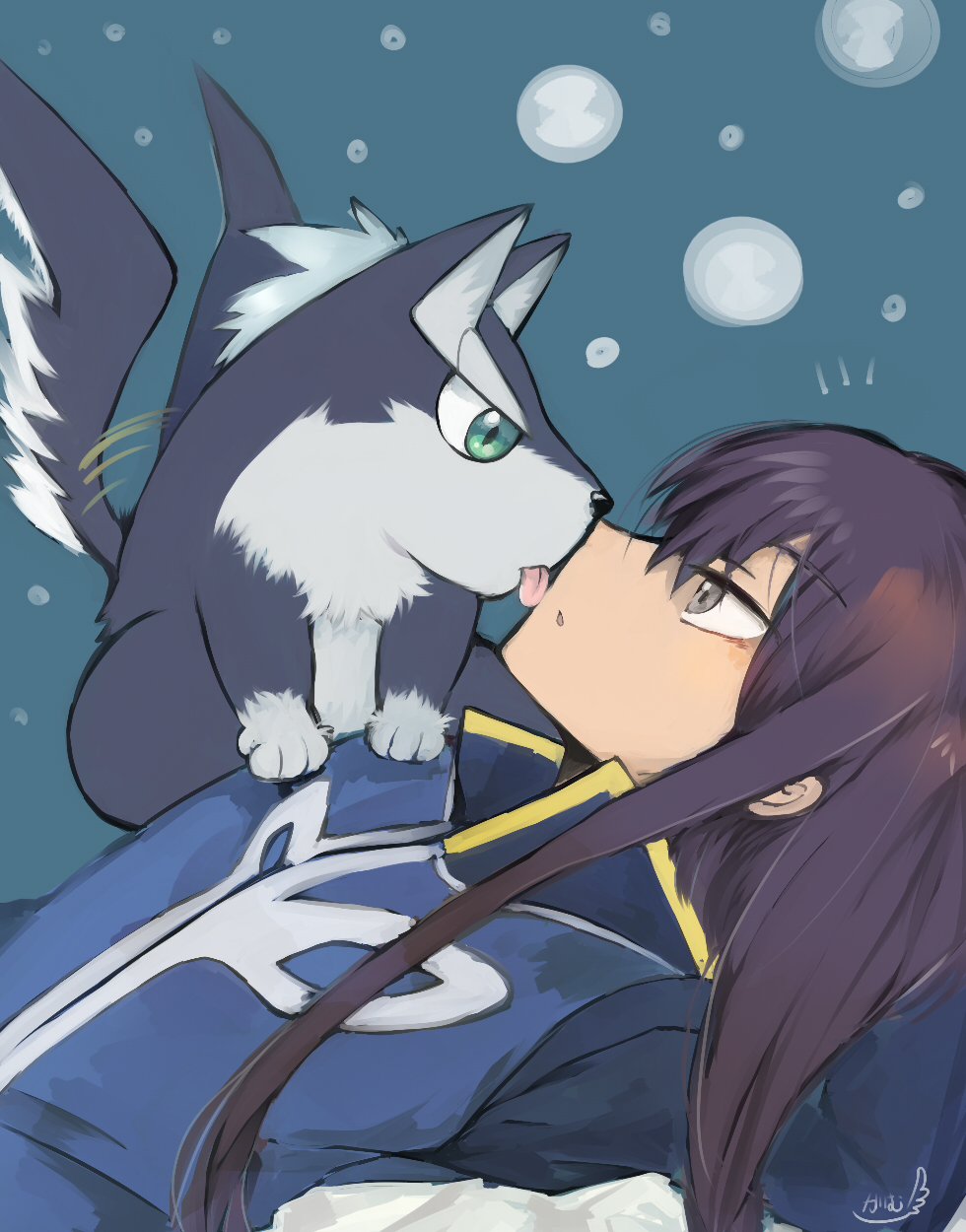 2boys, animal_ears, blue_fur, commentary_request, dog, dog_ears, dog_nose, dog_tail, gintyatyatyatya, highres, licking, licking_another's_face, long_hair, looking_at_another, military_uniform, multiple_boys, notice_lines, open_mouth, purple_hair, repede_(tales), signature, tail, tail_wagging, tales_of_(series), tales_of_vesperia, tongue, tongue_out, yuri_lowell
