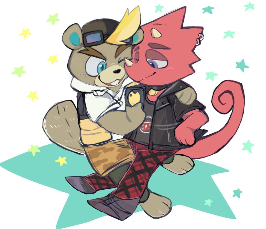 2boys, absurdres, animal_crossing, animal_ears, arm_around_shoulder, backwards_hat, baseball_cap, beaver_boy