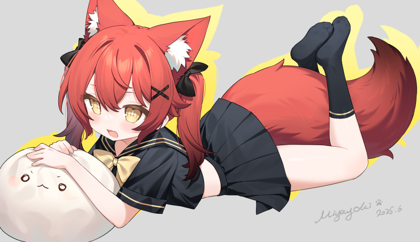 1girl, :d, absurdres, animal_ears, artist_name, black_bow, black_sailor_collar, black_shirt