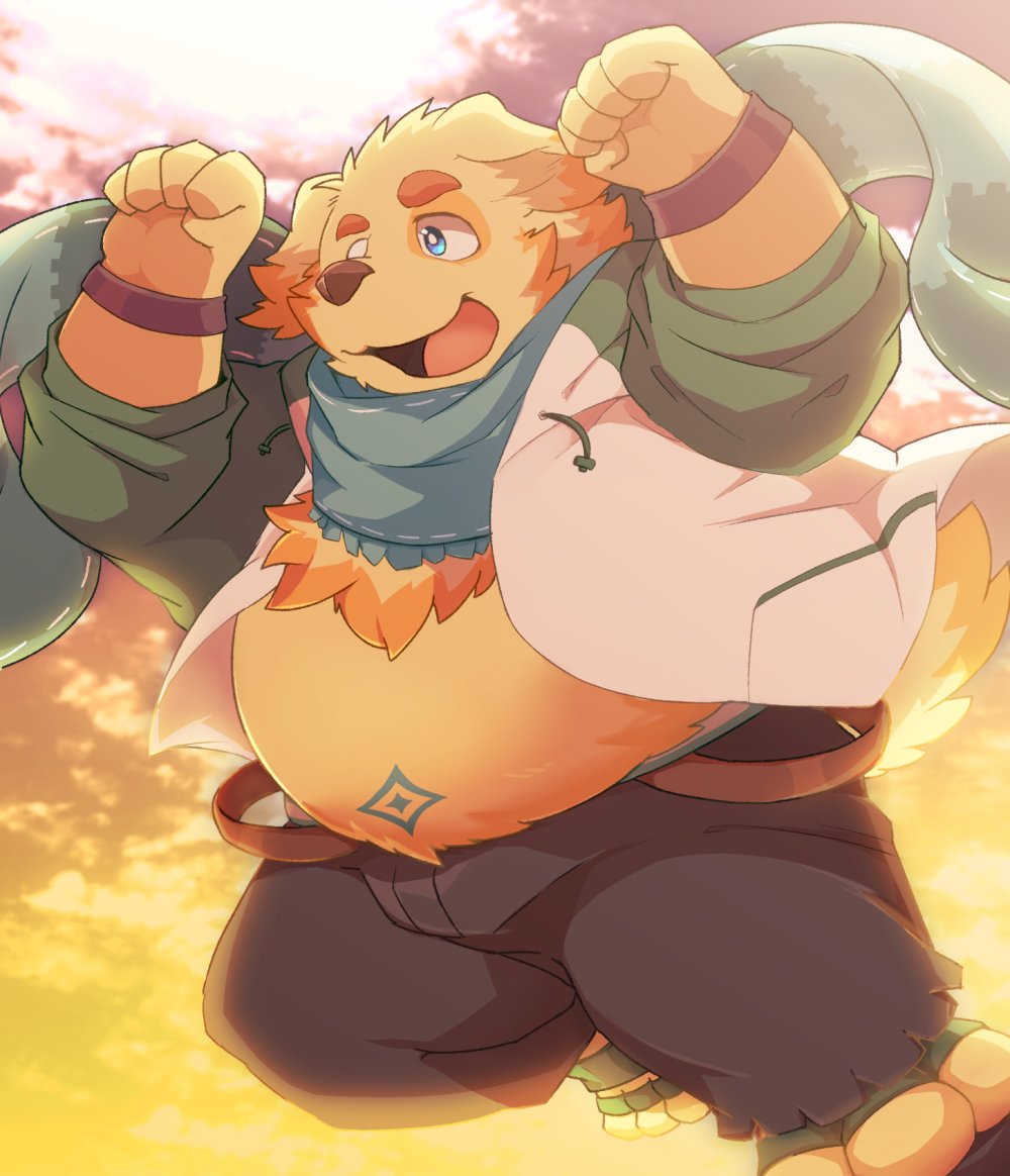 1boy, animal_ears, belly, black_pants, body_markings, colored_tips, commentary_request, cu_sith_(housamo)