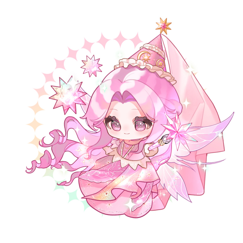 1girl, argyle_clothes, argyle_hat, bare_shoulders, center_frills, chibi, chinese_commentary, choker, commentary_request, crescent_print, detached_sleeves, dress, drill_hair, eeeestella, enchanted_encounter_(infinity_nikki), fairy, fairy_wings, floating_hair, frilled_dress, frilled_headwear, frilled_sleeves, frills, gloves, gown, happy, hat, hat_ornament, highres, holding, holding_wand, infinity_nikki, long_dress, long_hair, nikki_(series), pink_choker, pink_dress, pink_hair, pink_hat, pink_theme, pink_veil, pink_wings, princess, solo, sparkle, star_(symbol), star_hat_ornament, star_print, star_wand, strapless, strapless_dress, veil, very_long_hair, wand, white_background, white_gloves, white_sleeves, wind, wings
