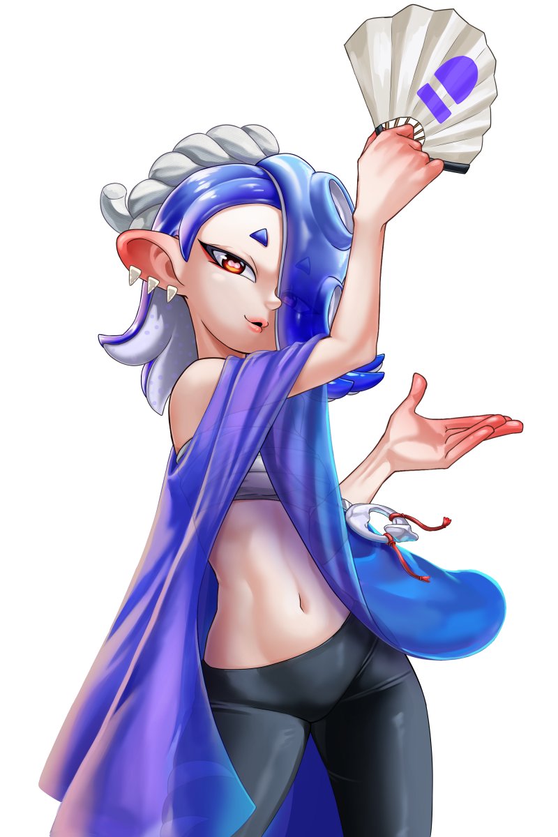 blue_hair, blue_shawl, chest_sarashi, earrings, folding_fan, hair_over_one_eye, hand_fan, highres