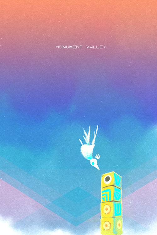 copyright_name, floating_crown, flying, full_body, gradient_background, gradient_sky, ida_(monument_valley), monument_valley_(game)