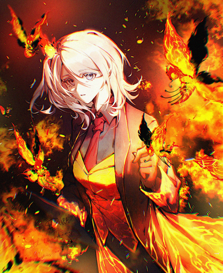 1girl, ardor_blossom_moth, ardor_blossom_star_(e.g.o), black_coat, blue_eyes, breasts, coat, commentary_request