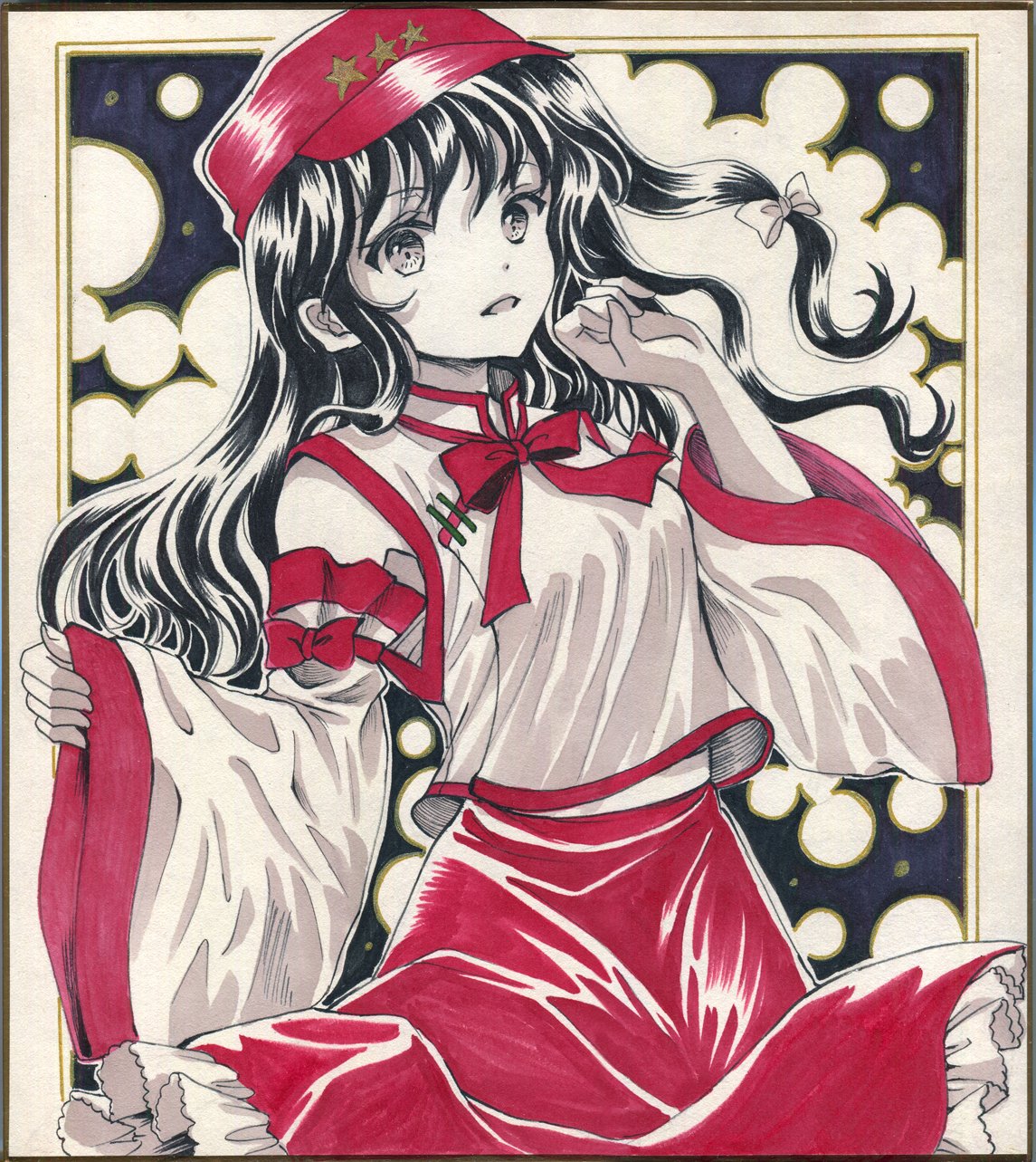 1girl, bare_shoulders, black_hair, cowboy_shot, detached_sleeves, dolls_in_pseudo_paradise, flat_cap, frilled_skirt, frills, hajike_akira, hat, highres, label_girl_(dipp), limited_palette, mandarin_collar, midriff_peek, neck_ribbon, newsboy_cap, red_hat, red_ribbon, red_skirt, ribbon, shirt, side_ponytail, skirt, solo, touhou, traditional_media, white_shirt, white_sleeves, wide_sleeves