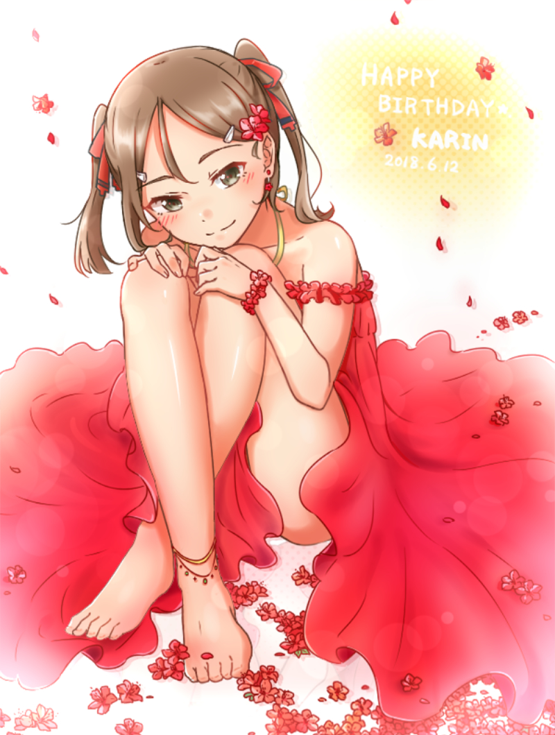 1girl, 2018, anklet, bare_legs, barefoot, bracelet, brown_eyes, brown_hair