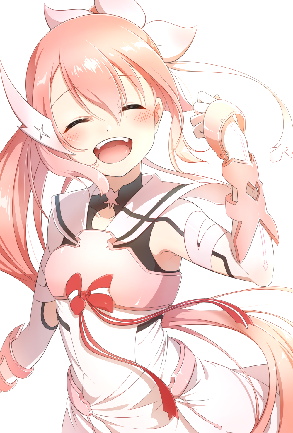 1girl, :d, armor, blush, bow, breastplate, closed_eyes, detached_sleeves