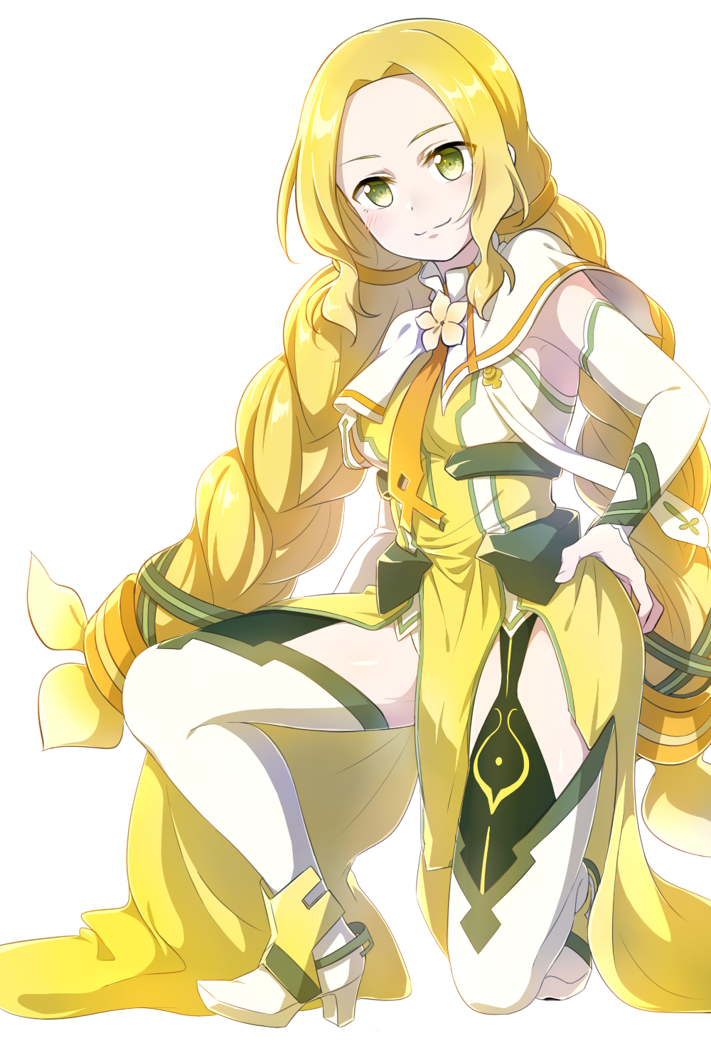 1girl, blonde_hair, braid, breasts, capelet, closed_mouth, detached_sleeves, eda_udon, garter_straps, green_eyes, highres, inubouzaki_fuu, long_hair, low_twin_braids, mankai, medium_breasts, on_one_knee, simple_background, smile, twin_braids, very_long_hair, white_background, white_capelet, white_sleeves, yuuki_yuuna_wa_yuusha_de_aru, yuusha_de_aru
