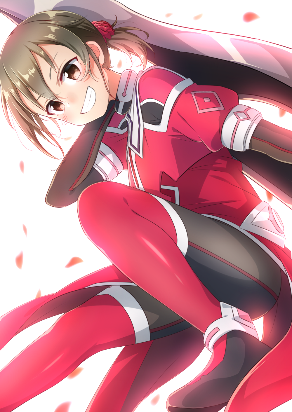 1girl, black_pants, boots, brown_eyes, brown_hair, eda_udon, flower, grin, hair_flower, hair_ornament, highres, holding, holding_sword, holding_weapon, jacket, long_sleeves, mankai, minowa_gin, pants, petals, ponytail, red_boots, red_flower, red_jacket, short_hair, short_ponytail, smile, solo, sword, thigh_boots, washio_sumi_wa_yuusha_de_aru, weapon, yuusha_de_aru