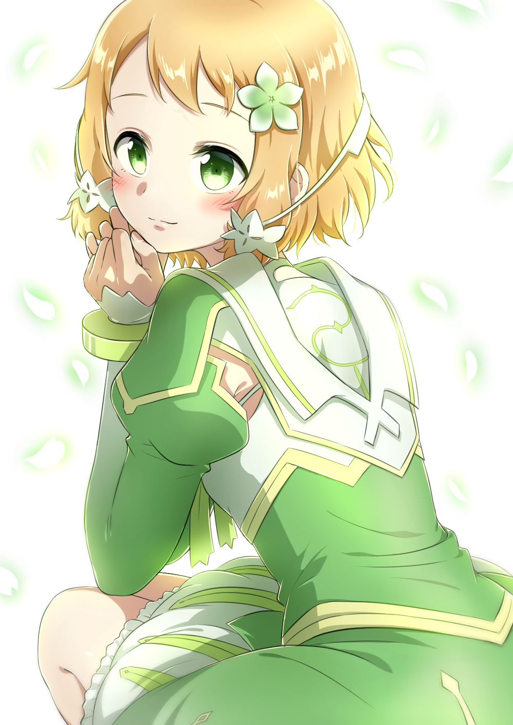 1girl, armpit_cutout, blonde_hair, bracelet, closed_mouth, clothing_cutout, dress, eda_udon, flower, from_side, gradient_sleeves, green_dress, green_eyes, green_flower, hair_flower, hair_ornament, highres, inubouzaki_itsuki, jewelry, long_sleeves, mankai, short_hair, sitting, sleeves_past_wrists, solo, white_background, yuuki_yuuna_wa_yuusha_de_aru, yuusha_de_aru