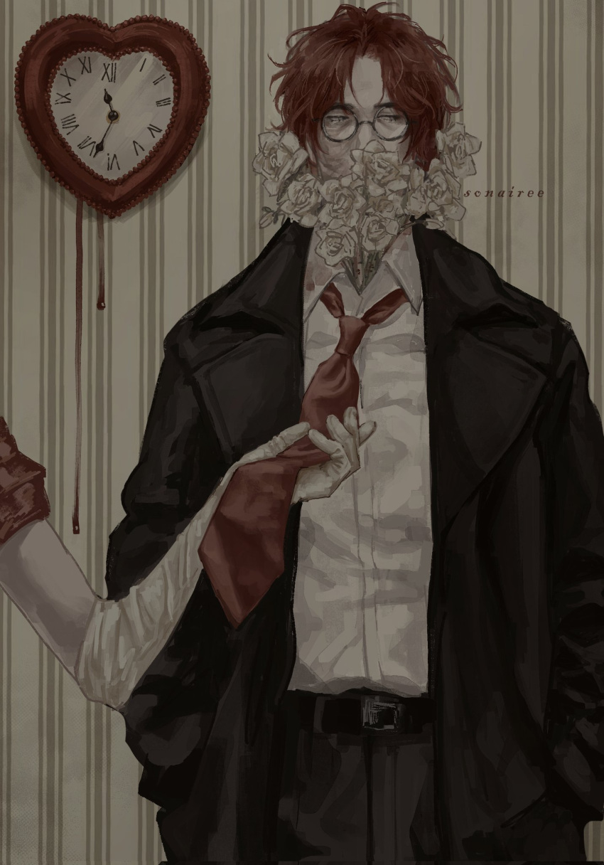1boy, 1other, analog_clock, averting_eyes, bags_under_eyes, belt, black_coat, blood