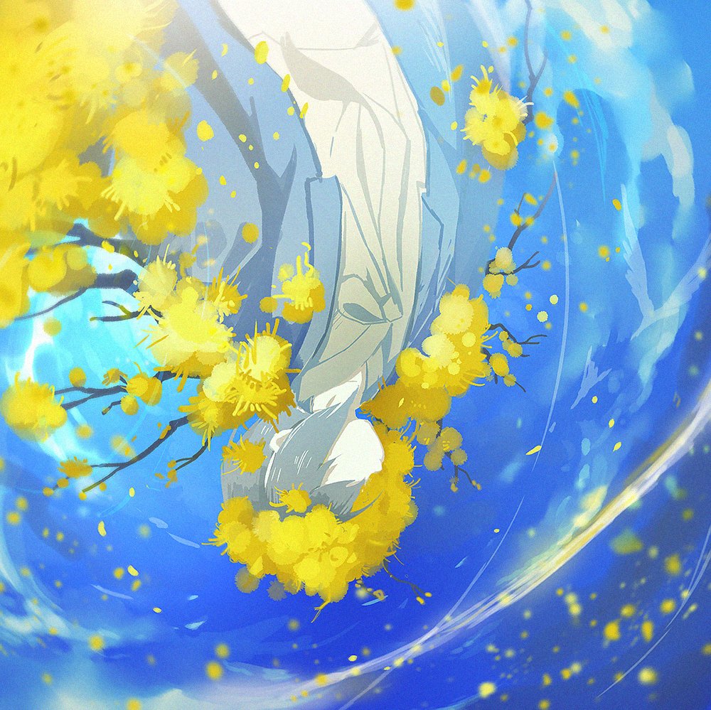 1girl, blue_sky, branch, clouds, dongbaek_(project_moon), e.g.o_(project_moon), falling_petals, flaw_eight