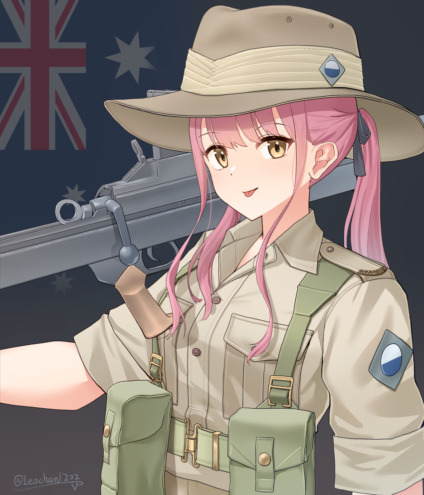 1girl, absurdres, artist_name, australia, australian_army, australian_flag, belt, black_ribbon