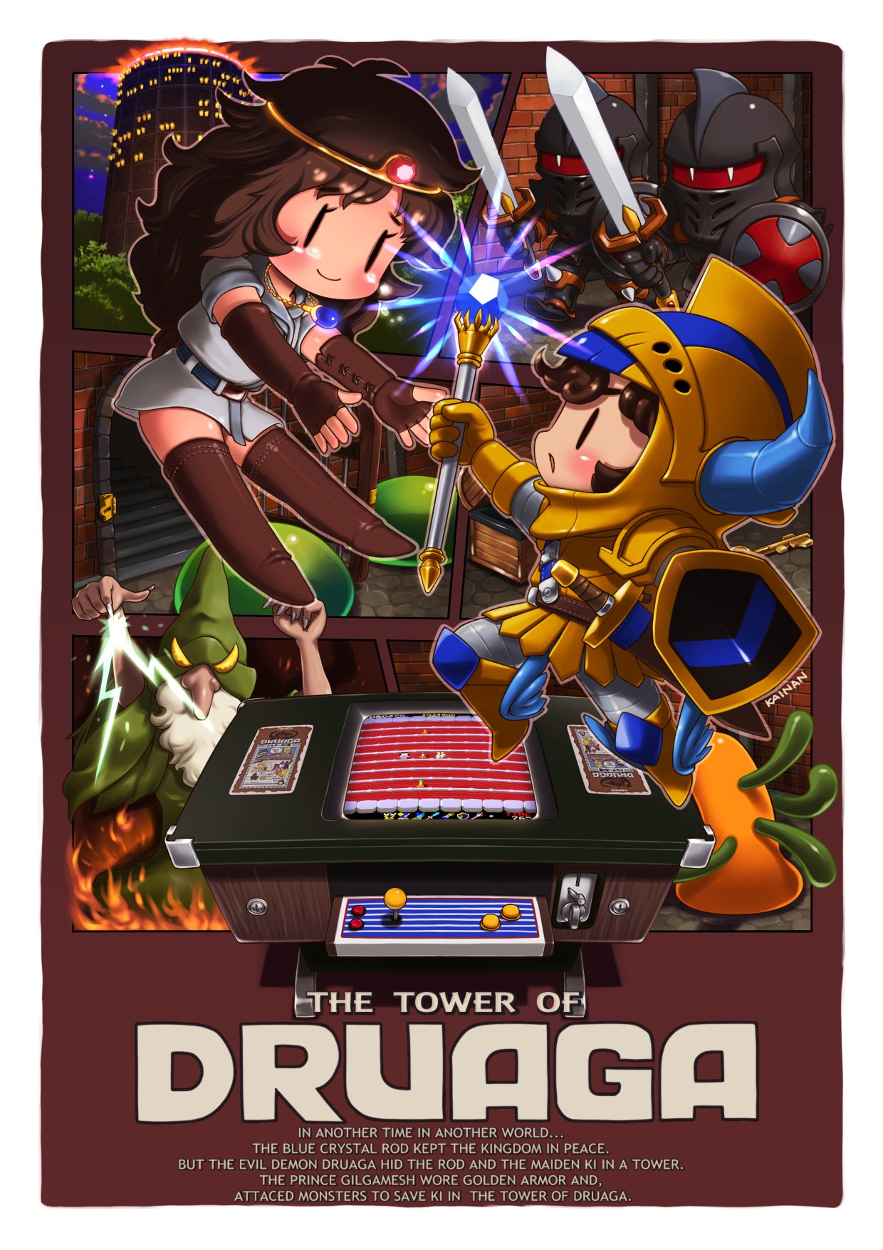 1girl, 2boys, 2others, arcade_cabinet, armor, armored_boots, artist_name, beard