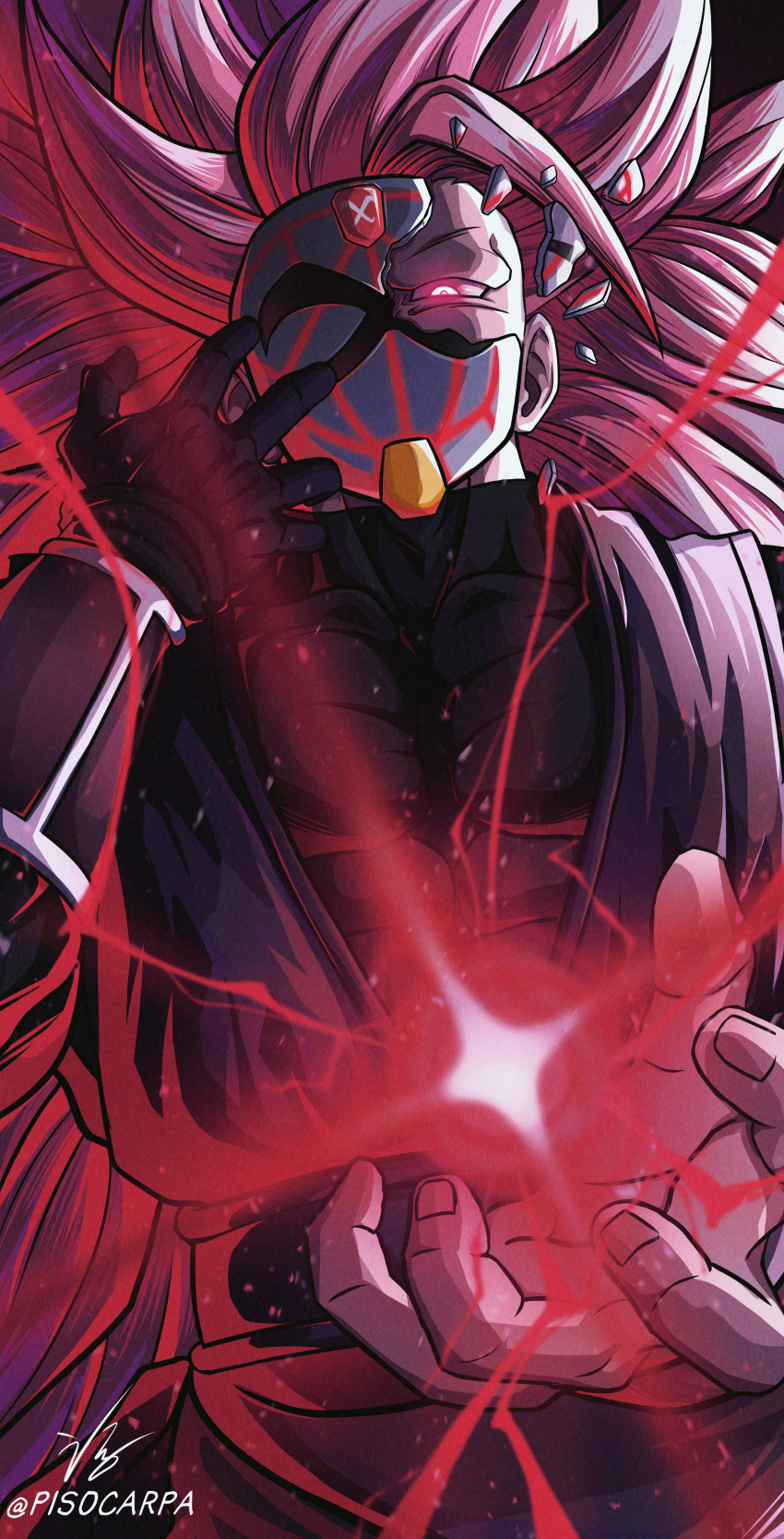 1boy, absurdres, black_gloves, black_shirt, bracer, broken_mask, commentary_request, covered_collarbone, covered_mouth, covered_pectorals, crackling_energy, crimson-masked_saiyan, dougi, dragon_ball, dragon_ball_heroes, energy_ball, gloves, glowing, glowing_eye, goku_black, highres, imminent_attack, long_hair, looking_at_viewer, looking_down, male_focus, mask, no_eyebrows, one_eye_covered, pectorals, pink_eyes, pink_hair, pisocarpa, pixiv_username, shirt, signature, solo, spiky_hair, super_saiyan, super_saiyan_3, super_saiyan_rose, time_breaker_mask, upper_body