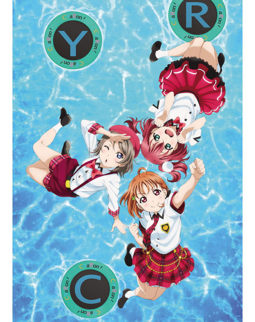 3girls, ahoge, aqua_eyes, artbook, beret, blue_eyes, bow, bowtie