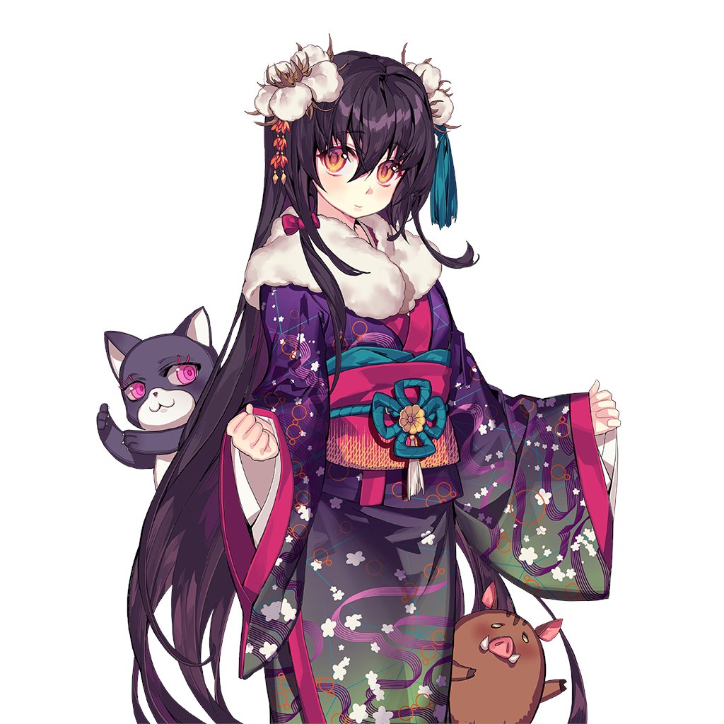 1girl, black_hair, boar, cat, flower, flower_ornament, hair_flower, hair_ornament