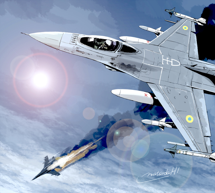 1boy, aerial_battle, aim-9_sidewinder, aircraft, airplane, artist_name, battle, clouds