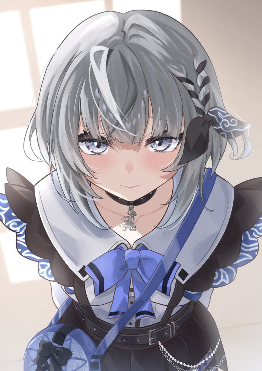 1girl, arms_behind_back, bag, black_choker, black_skirt, blue_bag, blue_bow, bob_cut, bow, braid, choker, choppy_bangs, closed_mouth, frilled_shirt, frills, furrowed_brow, grey_eyes, grey_hair, hair_ribbon, handbag, high-waist_skirt, highres, hololive, hololive_indonesia, kanamirat, light_blush, looking_at_viewer, pleated_skirt, ribbon, ribbon_braid, shirt, short_hair, side_braid, skirt, solo, studded_choker, vestia_zeta, vestia_zeta_(jirai_kei), virtual_youtuber, white_shirt