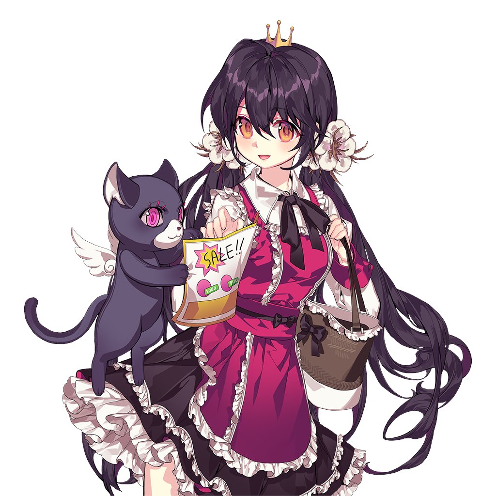 1girl, bag, black_hair, cat, crown, dress, flower, flower_ornament