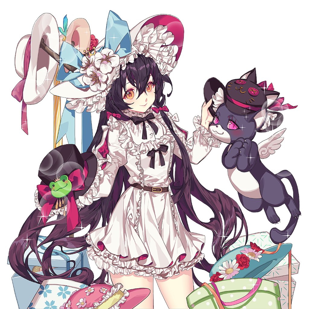 1girl, black_hair, cat, dress, frilled_dress, frills, hat, long_hair