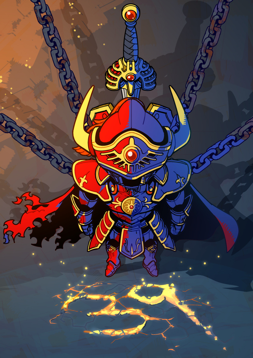 anniversary, armor, azito7, blue_armor, cape, chain, commentary_request, crack