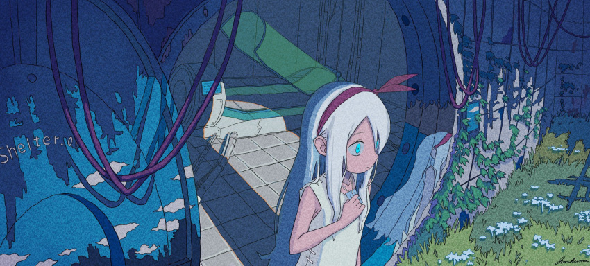 1girl, blue_eyes, bow_hairband, bunker, cable, cryostasis_pod, dress, film_grain