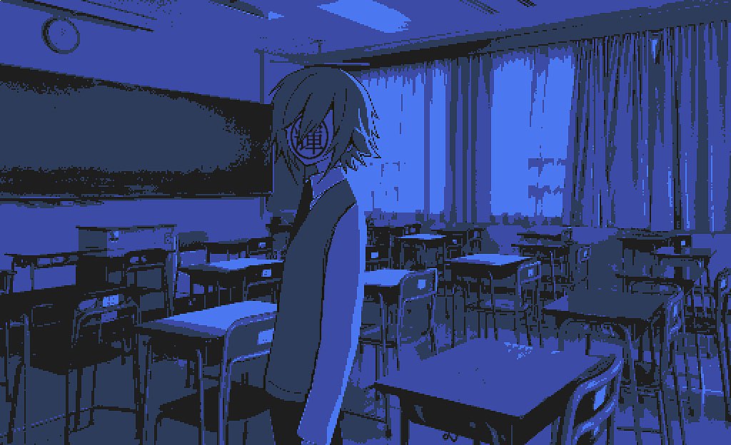 1boy, arms_at_sides, blue_theme, chair, classroom, collared_shirt, curtains, desk