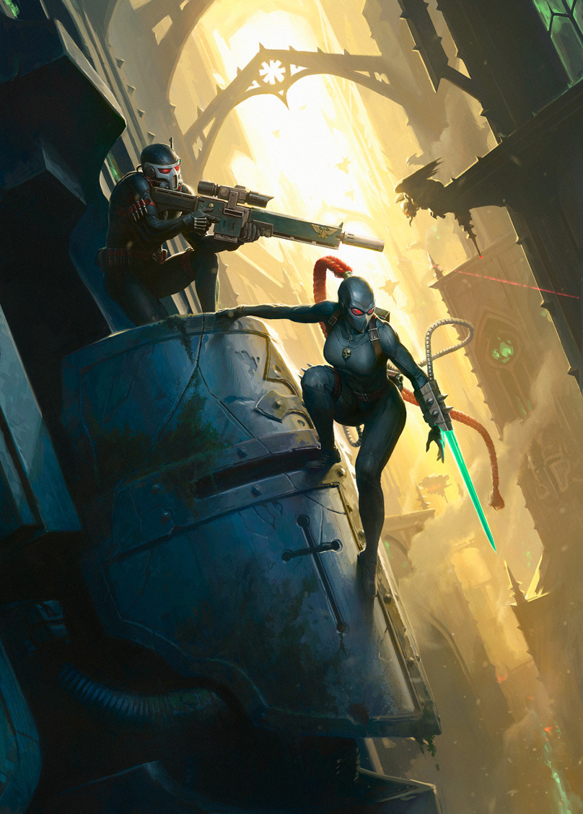 1boy, 1girl, ammunition_belt, bodysuit, climbing, darren_tan, exitus_rifle, gun