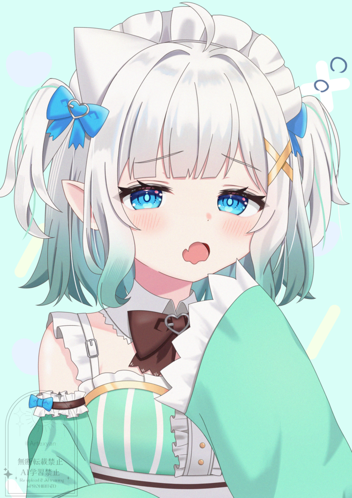 1girl, ahoge, aqua_eyes, artexyan, blue_bow, bow, collar, detached_collar