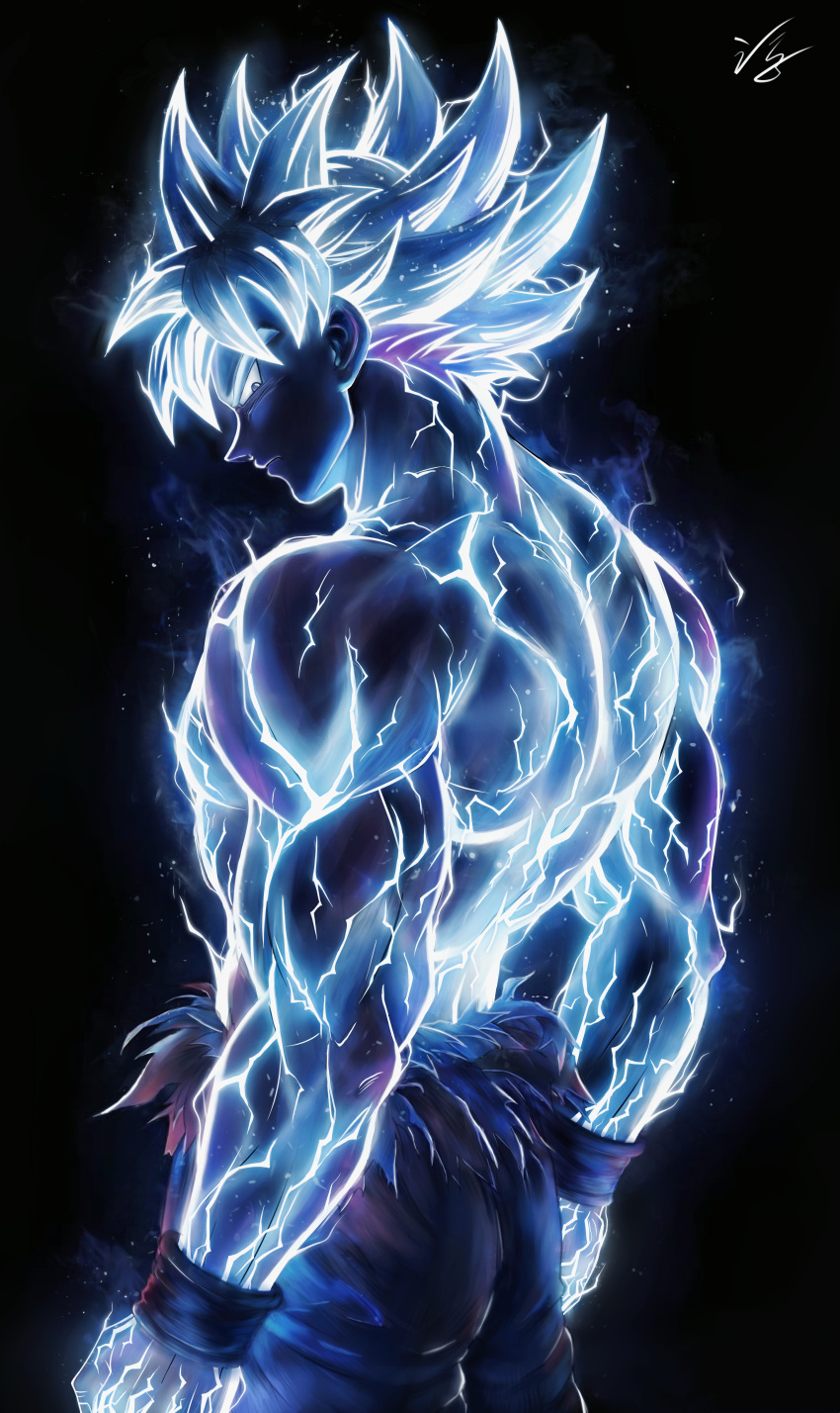 1boy, absurdres, black_background, blue_skin, clenched_hands, colored_skin, commentary, cowboy_shot, dougi, dragon_ball, dragon_ball_super, floating_hair, grey_eyes, highres, lightning, looking_back, male_focus, muscular, muscular_male, pisocarpa, profile, short_hair, signature, solo, son_goku, spiky_hair, topless_male, torn_clothes, ultra_instinct, white_hair, wristband