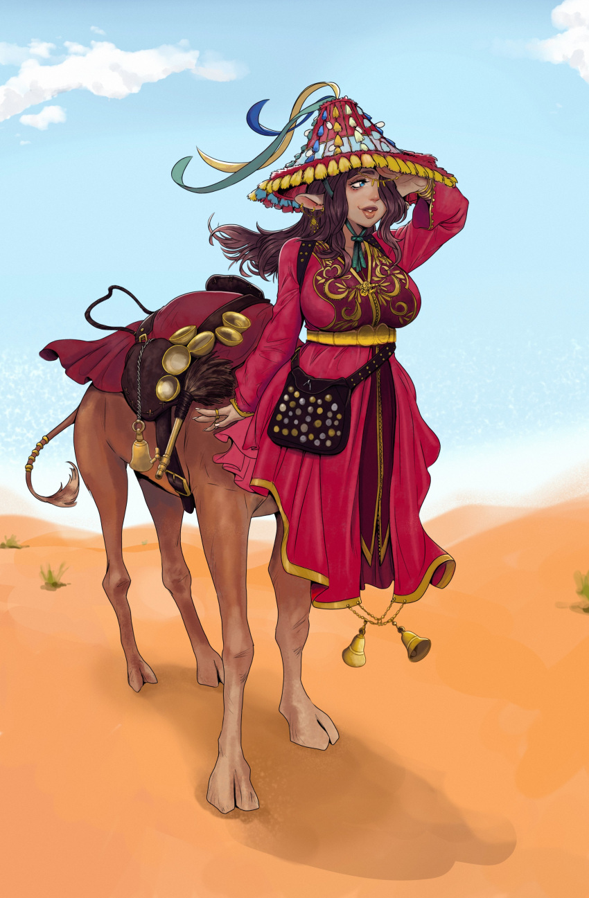 1girl, absurdres, bell, blue_eyes, breasts, brown_hair, brown_lips, camel_ears