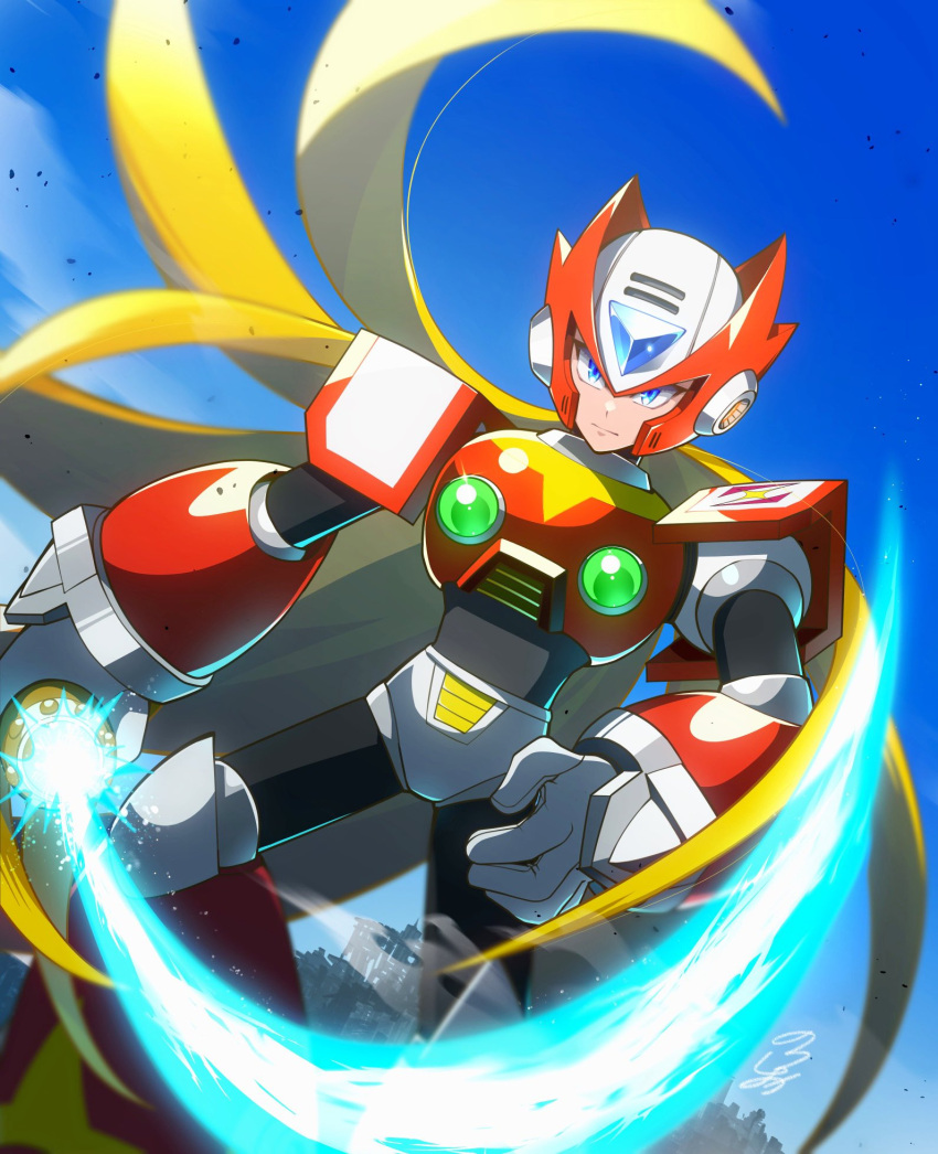 1boy, android, armor, blonde_hair, blue_eyes, blue_sky, chest_jewel, cityscape, clenched_hand, closed_mouth, energy_sword, forehead_jewel, gloves, helmet, highres, holding, holding_sword, holding_weapon, jewelry, long_hair, looking_at_viewer, mega_man_(series), mega_man_x_(series), no-rishio, ponytail, red_armor, red_helmet, robot, robot_ears, shoulder_armor, signature, sky, solo, standing, sword, very_long_hair, weapon, white_gloves, wind, z_saber, zero_(mega_man)