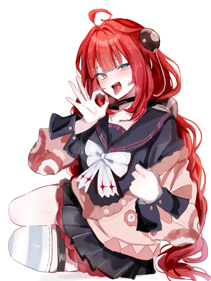 1girl, ahoge, black_choker, black_sailor_collar, black_skirt, bow, bowtie, cardigan