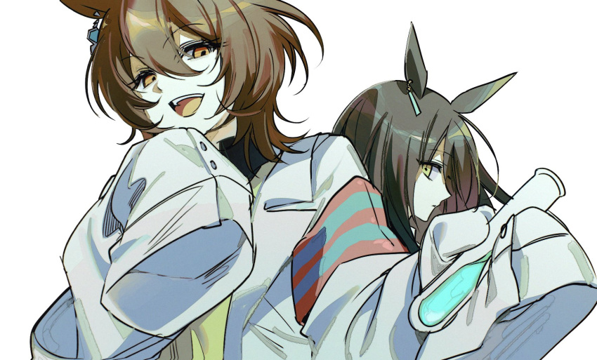 2girls, agnes_tachyon_(umamusume), animal_ears, armband, black_hair, brown_eyes, brown_hair, closed_mouth