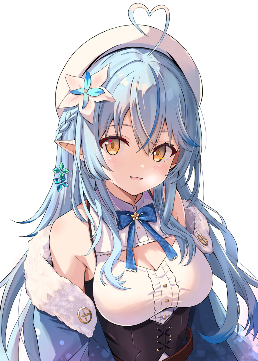 1girl, ahoge, beret, black_corset, blue_coat, blue_hair, coat, corset
