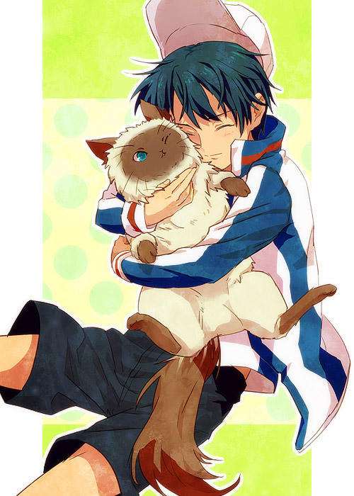1boy, animal, animal_hug, aqua_hair, baseball_cap, black_shorts, blue_eyes, blush