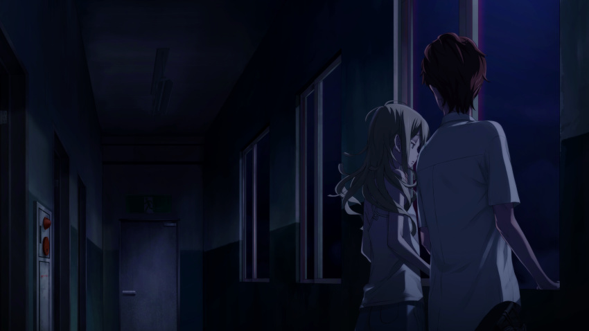 1boy, 1girl, belt_pouch, blonde_hair, blue_pants, blue_shorts, chuo_tanegashima_high_school_uniform, collared_shirt