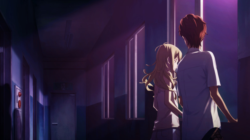 1boy, 1girl, belt_pouch, blonde_hair, blue_pants, blue_shorts, chuo_tanegashima_high_school_uniform, collared_shirt